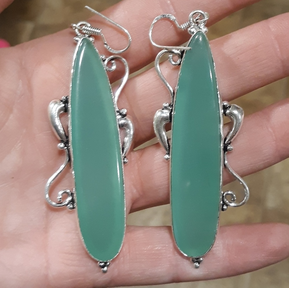New Oversized Chalcedony 925 Silver Statement Earrings.
